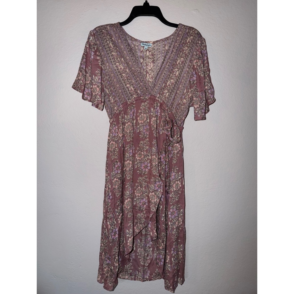 Women Mauve Purple Floral Boho Wrap Dress High Low Tassel Tie Medium